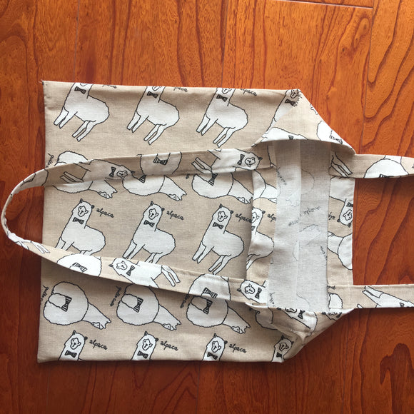 Cotton Linen Eco Shopping Tote Shoulder Bag Print Quite Cute Alpaca Khaki Base YL822e